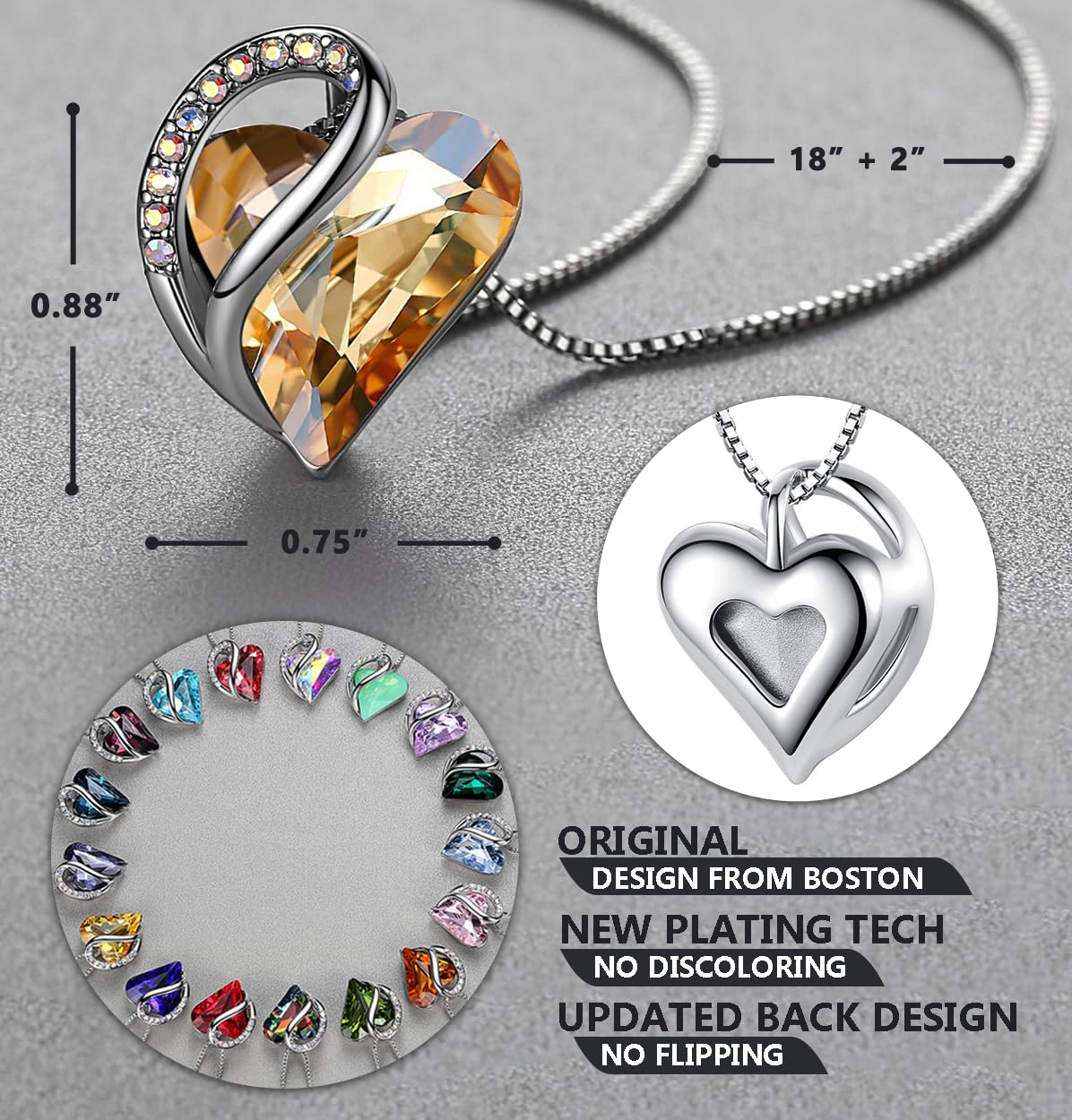 Leafael Gift Necklaces for Women, Infinity Love Heart Pendant with Golden Yellow Shade Healing Stone for Power, Birthday Jewelry for Her, Mom, and Wife, Silver Plated, 18" + 2" Chain