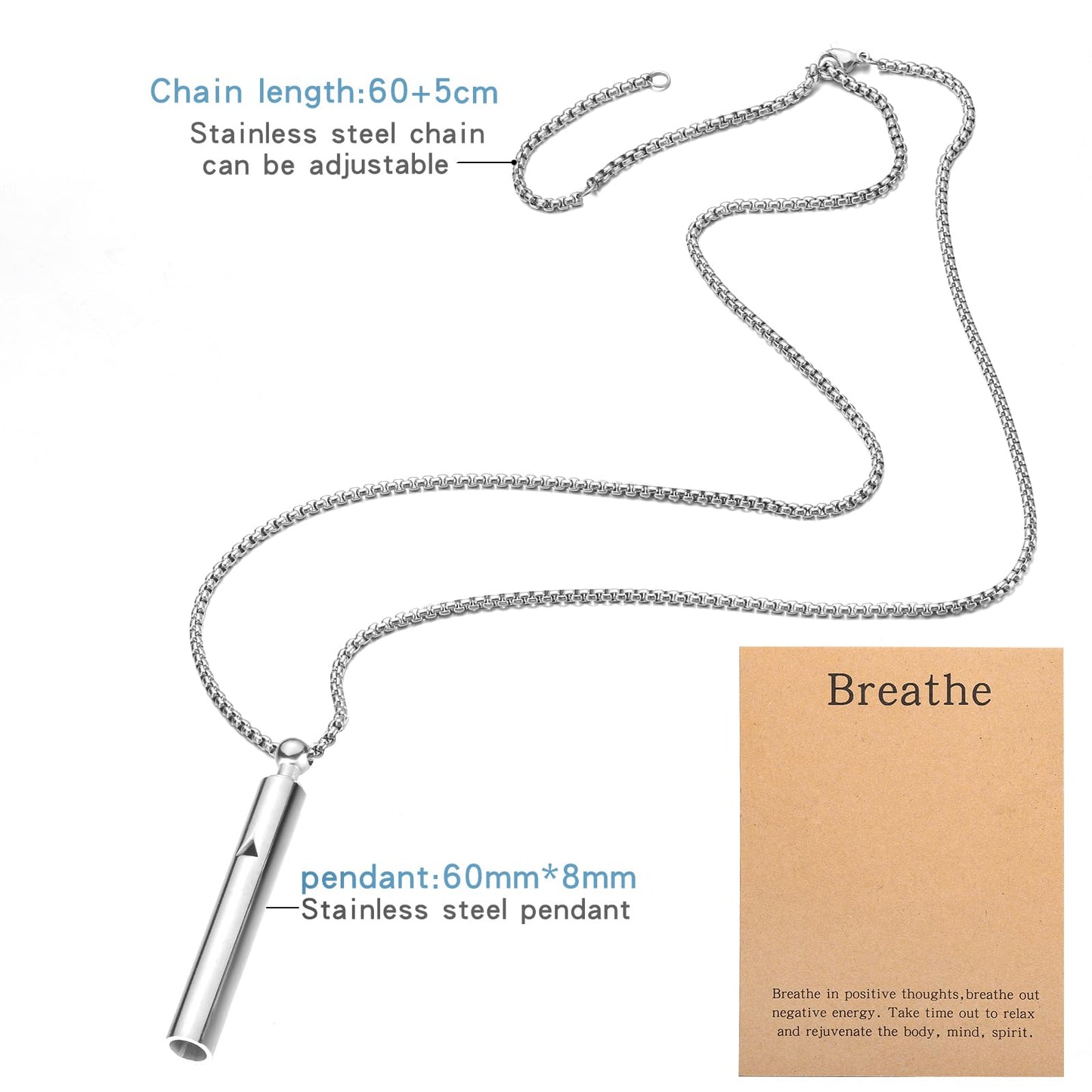 Anxiety Breathe Easy Necklace Mindfulness Breathing Necklace Breathlace Stainless Steel Pendant for Natural Calm & Stress Relief (Steel+Black T)