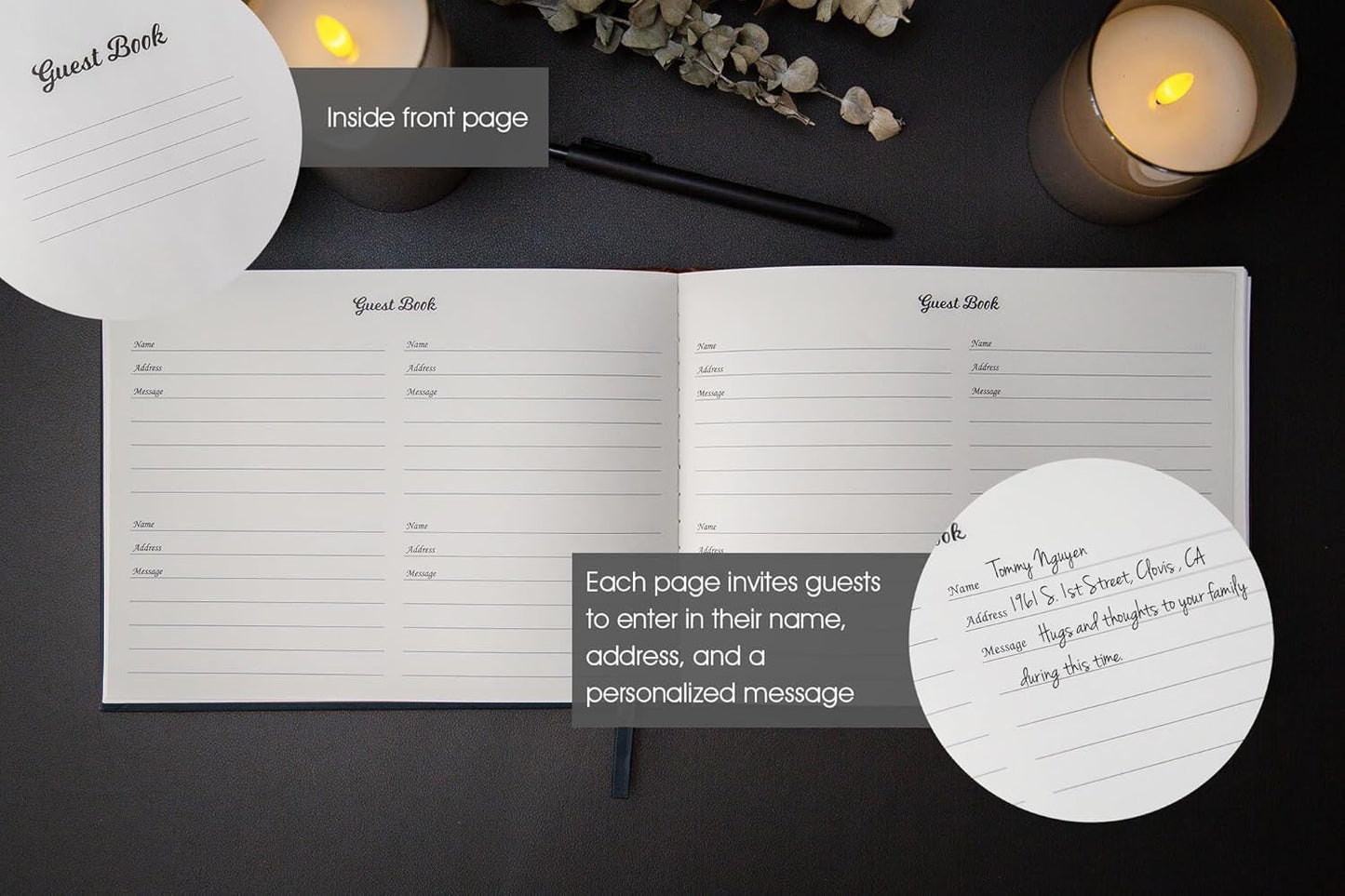 Modern Album Designs Navy PU Leather Guest Book - 9.5 x 7 Embossed Guestbook with Name Address Message Lines for Wedding Funeral Retirement Party, 140 GSM Paper, 120 Pages