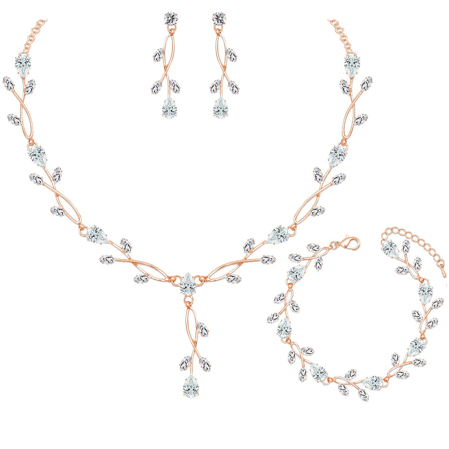 CSY Elegant Bridal Jewelry Sets Clear Cubic Zirconia Wedding Necklace Earrings Bracelet Set for Birdes Bridesmaids CZ Prom Jewelry (Rose Gold Tone)
