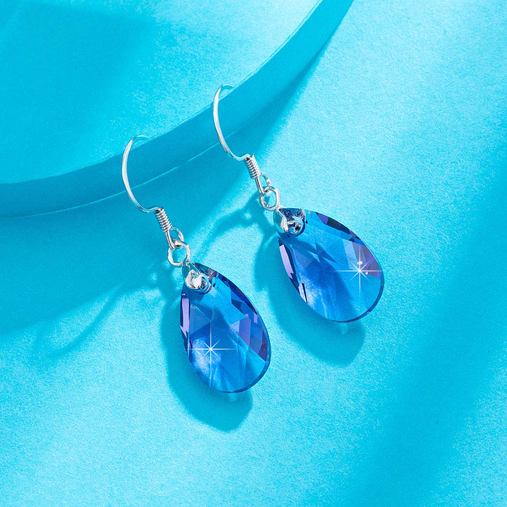 Teardrop Austrian Crystal Drop Dangle Earrings for Women 925 Sterling Silver Hook Hypoallergenic Earring (Tanzanite)