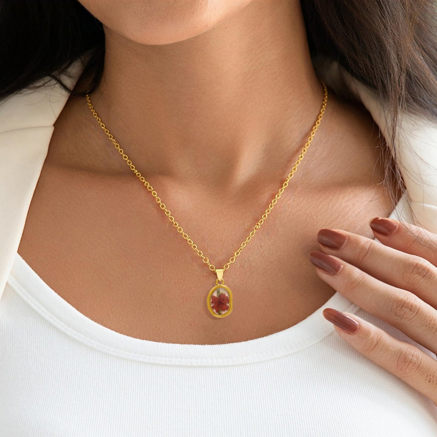 LETFLY Birth Flower Necklaces for Women, 18K Gold Plated Oval Shaped Handmade Floral Pendant, Pressed Flower Necklace Jewelry Gifts Prosperity