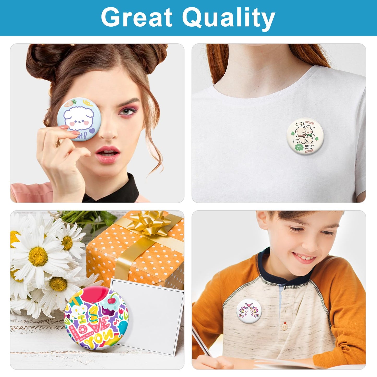 KUNTAERY 200 Sets 2.25 Inch Button Maker Supplies, 58mm Round Badge Parts with Metal Covers, Plastic Pin Backs, Clear Film & Blank Paper, Perfect for Button Maker Machine & Badge Press