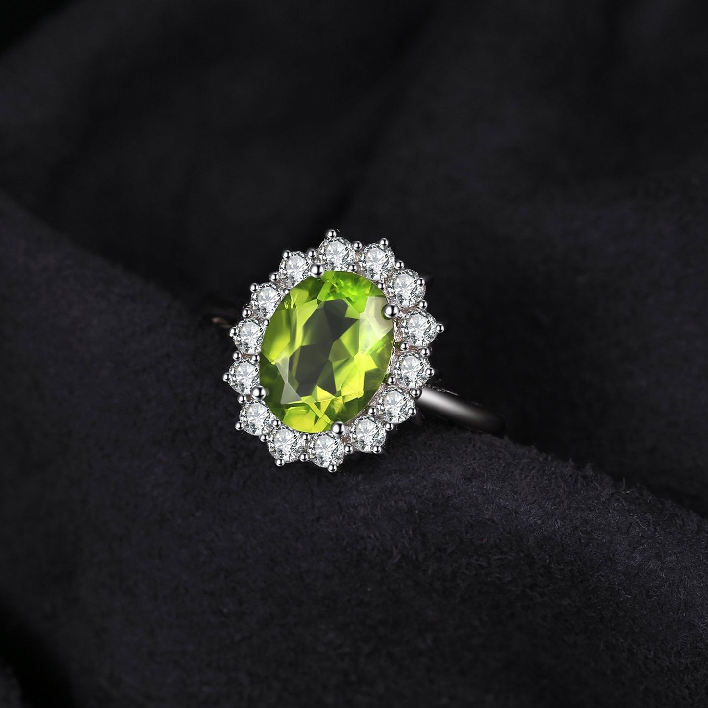 JewelryPalace Princess Diana Kate Middleton Gemstone Birthstone Genuine Peridot Halo Statement Engagement Rings for Women, 14K White Gold Plated 925 Sterling Silver Promise Rings for Her Size 10.5