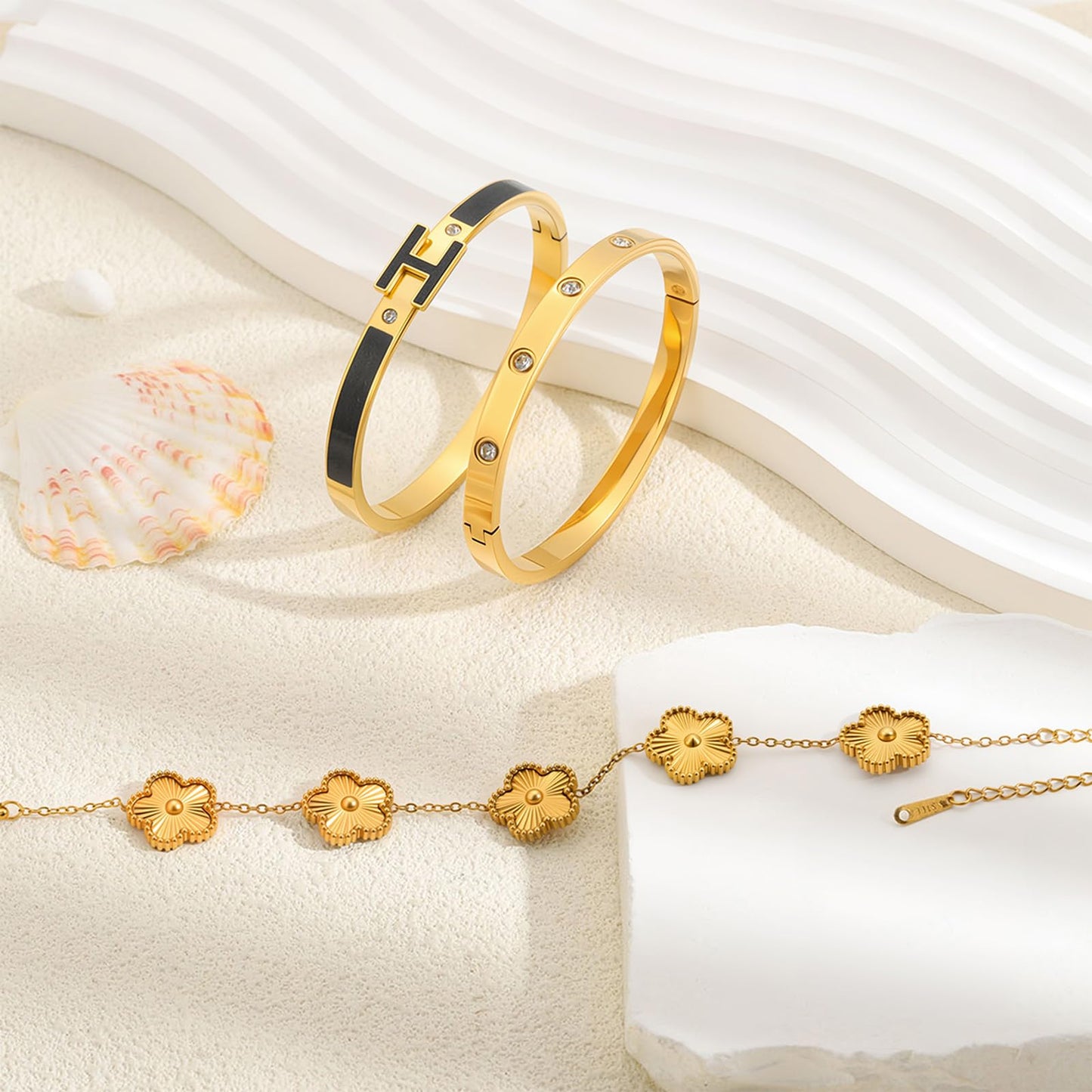 Camhanno Gold Clover Bracelets for Women - 18K Gold Plated Stainless Steel Dainty H Bangle Bracelets| Daily & Party Wear Jewelry, Easter Christmas Mothers Day Gifts
