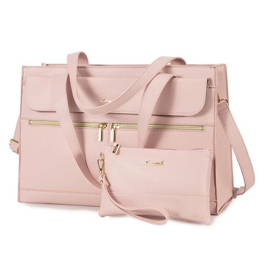 LOVEVOOK Laptop Bag for Women 15.6 Inch Laptop Tote Work Professional Leather Computer Briefcase Waterproof Handbag Shoulder Large Capacity Business Teacher Office Bag Crossbody Purse,Pink