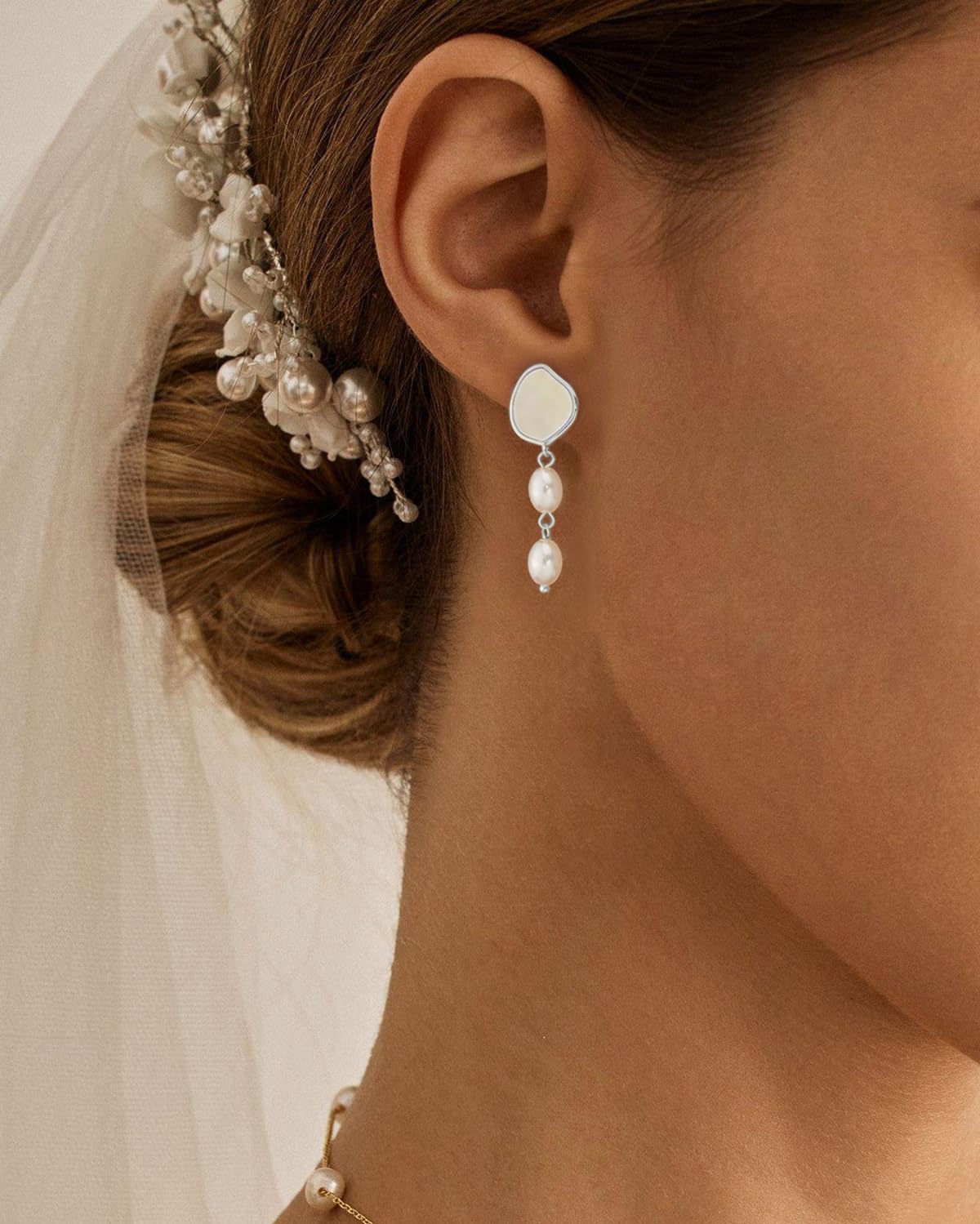PRTGL Pearl Earrings - Silver 14 White Gold Plated Irregular Mother of Pearl Drop Dangle Earrings for Women Wedding Bridal