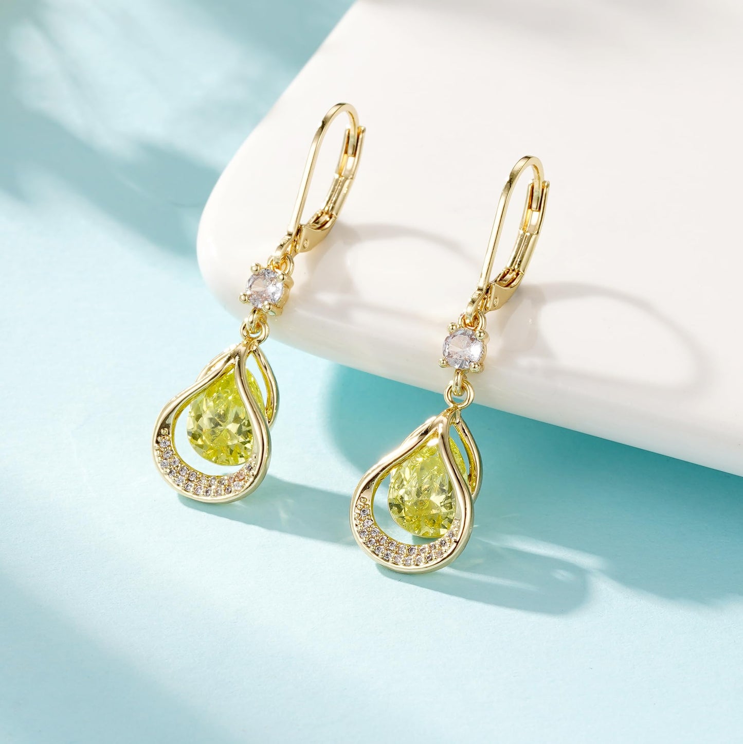 Dangle Trendy Leverback Birthstone Earrings 14K Gold Plated Teardrop Dangle Earrings Jewelry Christmas Birthday Gifts for Women (Gold August)