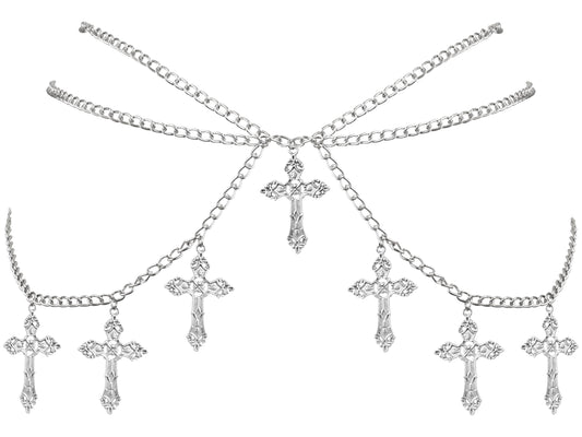 Sacina Silver-tone Cross Chain belt, Waist Belly Chain, Gothic Goth Punk Grunge Emo Belt, Goth Accessories