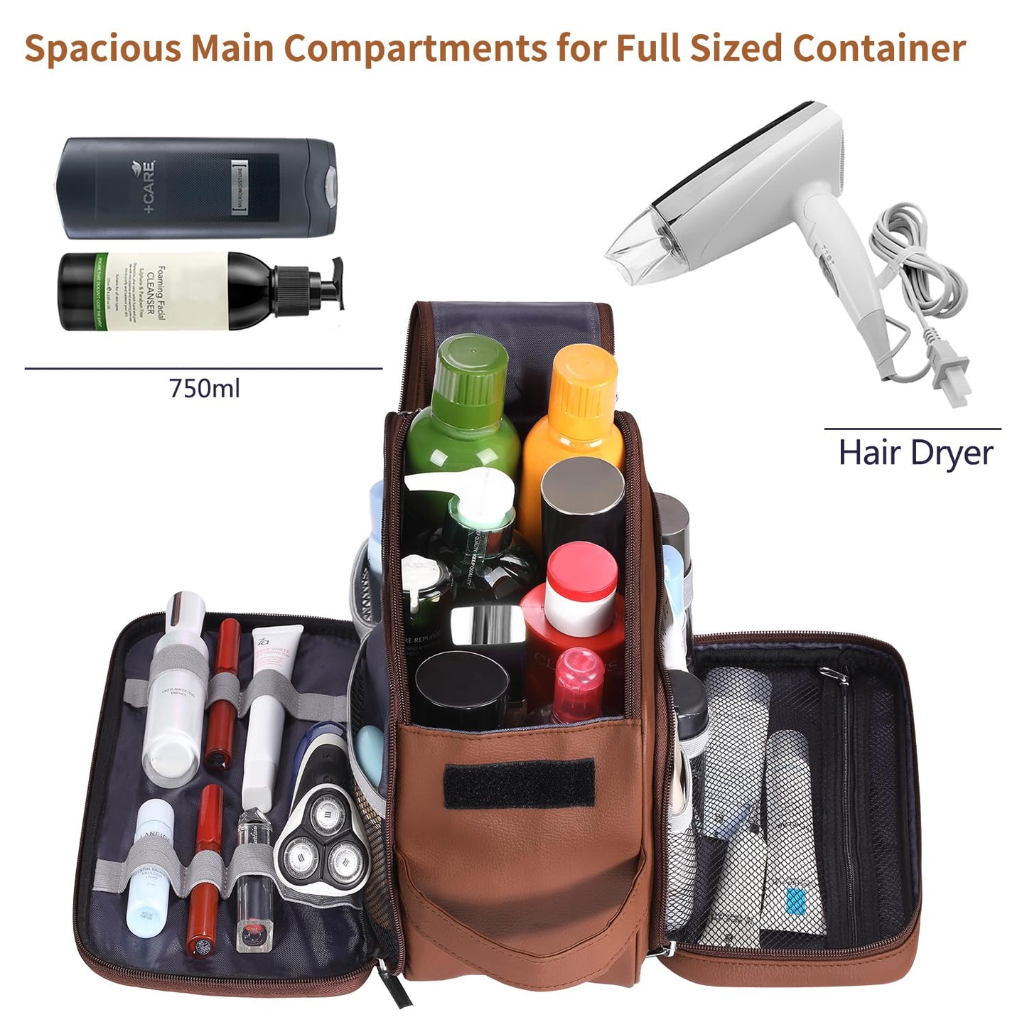 Buruis Extra Large Toiletry Bag for Men, Travel Toiletry Organizer Dopp Kit Water-resistant Shaving Bags, PU Leather Cosmetic Bathroom Shower Bag for Toiletries, Grooming, Accessories (Brown)