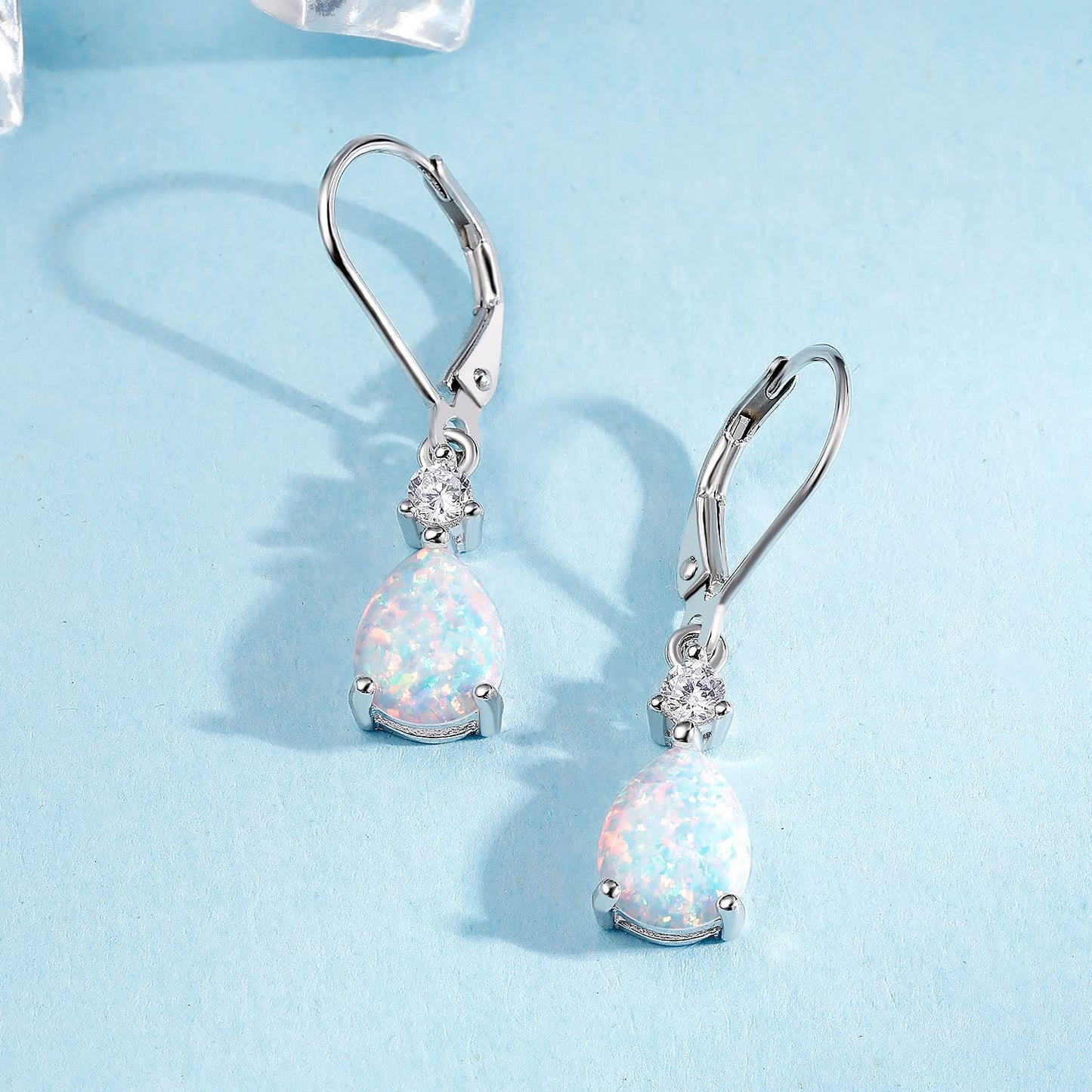 925 Sterling Silver Created White Fire Opal Birthstone Teardrop Earrings Drop Dangly Earring Leverback Hypoallergenic Jewelry for Women