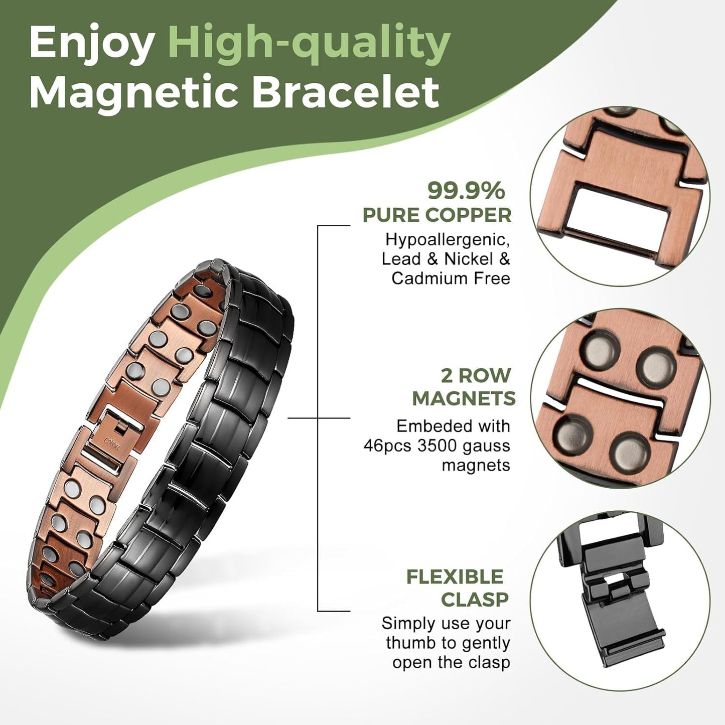 MagEnergy Mens Copper Magnetic Bracelets, 99.9% Pure Copper Bracelet with Double-Row Strength Magnets, Adjustable Jewelry with Sizing Tool