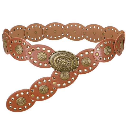 WERFORU Women Wide Western Belts for Dress Vintage Disc Belts for Women Cowgirl Leather Waist Belts Country Style Accessory,Brown-Style 3,M:Length 47"：Fit Waist Size Below 43"