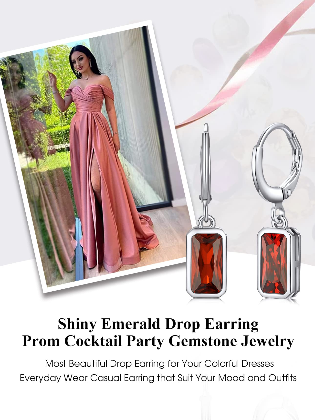 Bestyle Sterling Silver Rectangle July Birthstone Dangle Drop Earrings - Sparkle Ruby Red Drop Earrings for Women Dangling -Small Silver Huggie Hoop Earrings For Women | Trendy CZ Huggie Earrings
