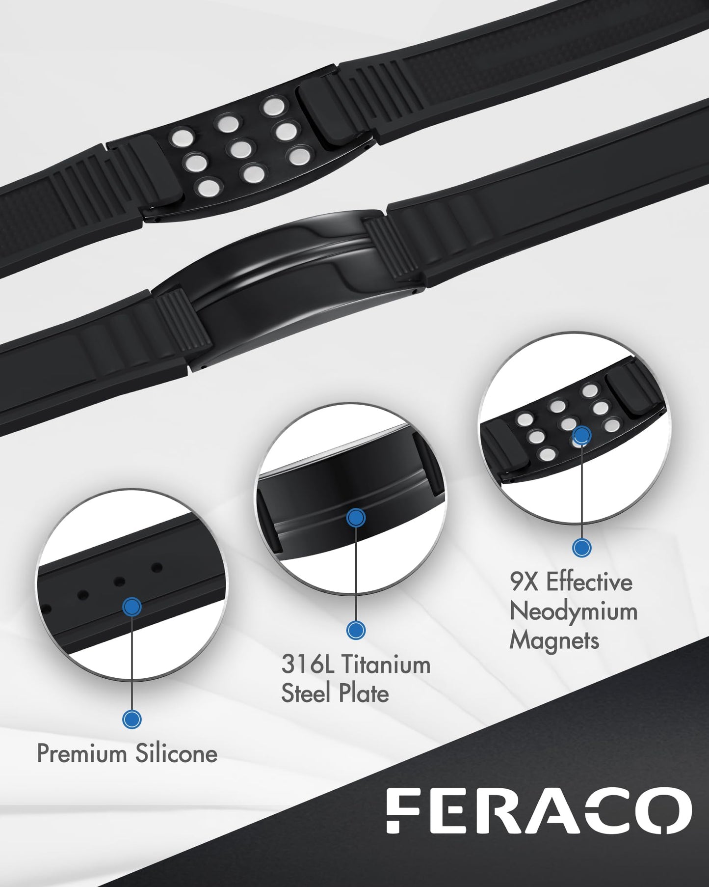 Feraco Ultra Strength Magnetic Bracelets for Men Women, Silicone Sports Wristband for Balance & Energy with Powerful Magnets, Waterproof & Adjustable Health Bracelet