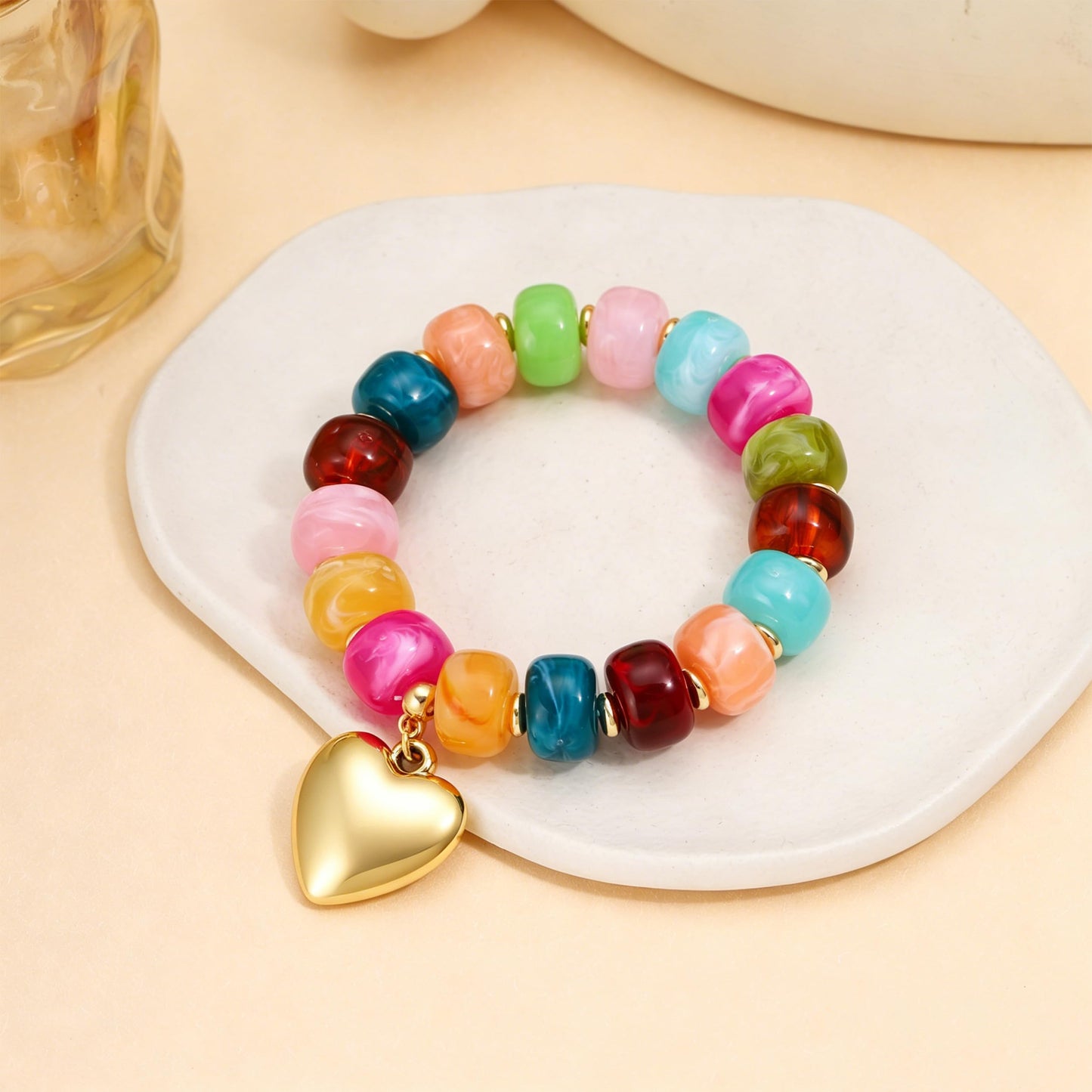 Coprall Colorful Beaded Bracelets Boho Jewelry for Women Multicolor Resin Chunky Bracelet Summer Vacation Outfits Beach Gifts(Heart)