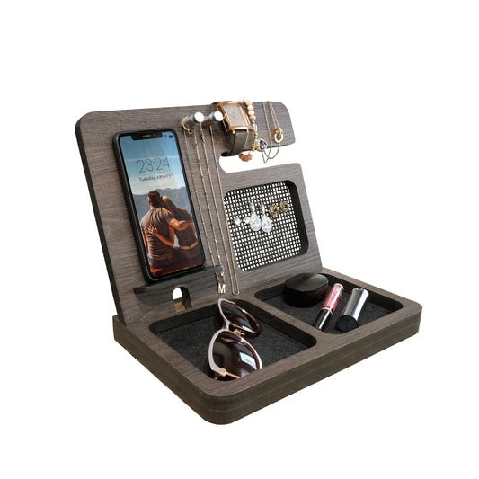 Namore Nightstand Organizer for Women – Wood Phone Docking Station & Jewelry Valet Tray for Phone, Earrings, Wallet & Keys – Unique Gifts for Women, Wife, Mom