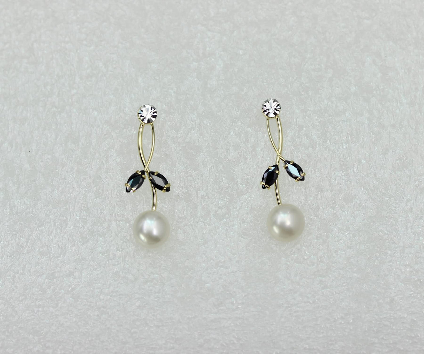Faship Gorgeous Black CZ Crystal Genuine Freshwater Pearls Floral Necklace Earrings Set - Black/Gold Plated