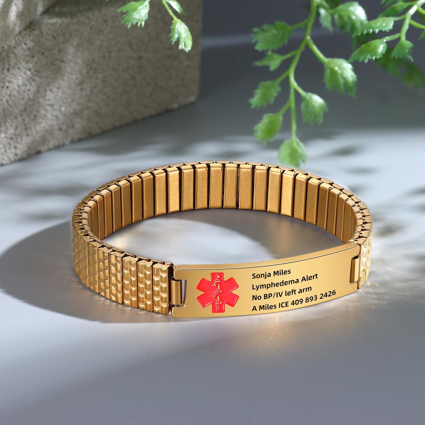 Personalized Medical ID Bracelets for Men - Custom Emergency Alert Bracelet for Women Engraved Medic Info Elastic Stainless Steel Bracelets for Family Autism Allergy Diabetic Epilepsy (Gold, 19.5cm)
