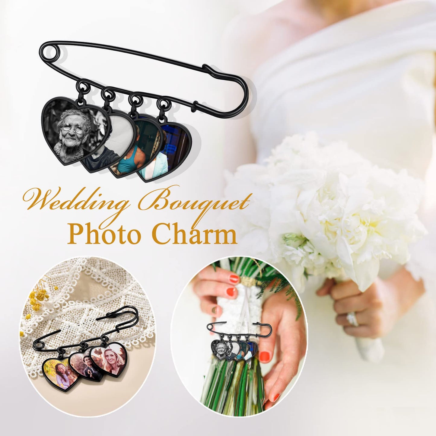 Custom4U Wedding Bouquet Charms Memorial Engraved with 4 Pictures Heart Shaped Memory Photo Charm for Bride Groom Mother Father