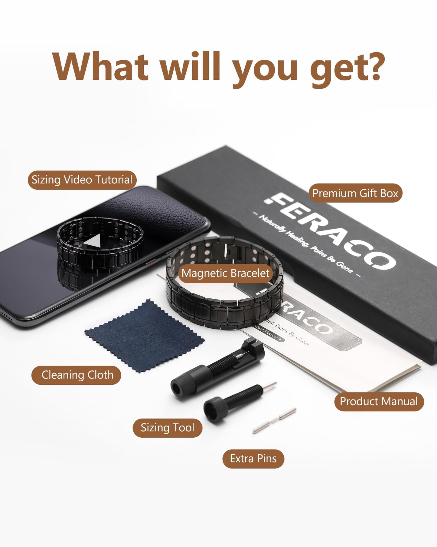 Feraco Copper Bracelet for Men, 3X Strength Magnetic Therapy Cooper Bracelet with Powerful 3800 Gauss Magnets,Copper Jewelry,Black