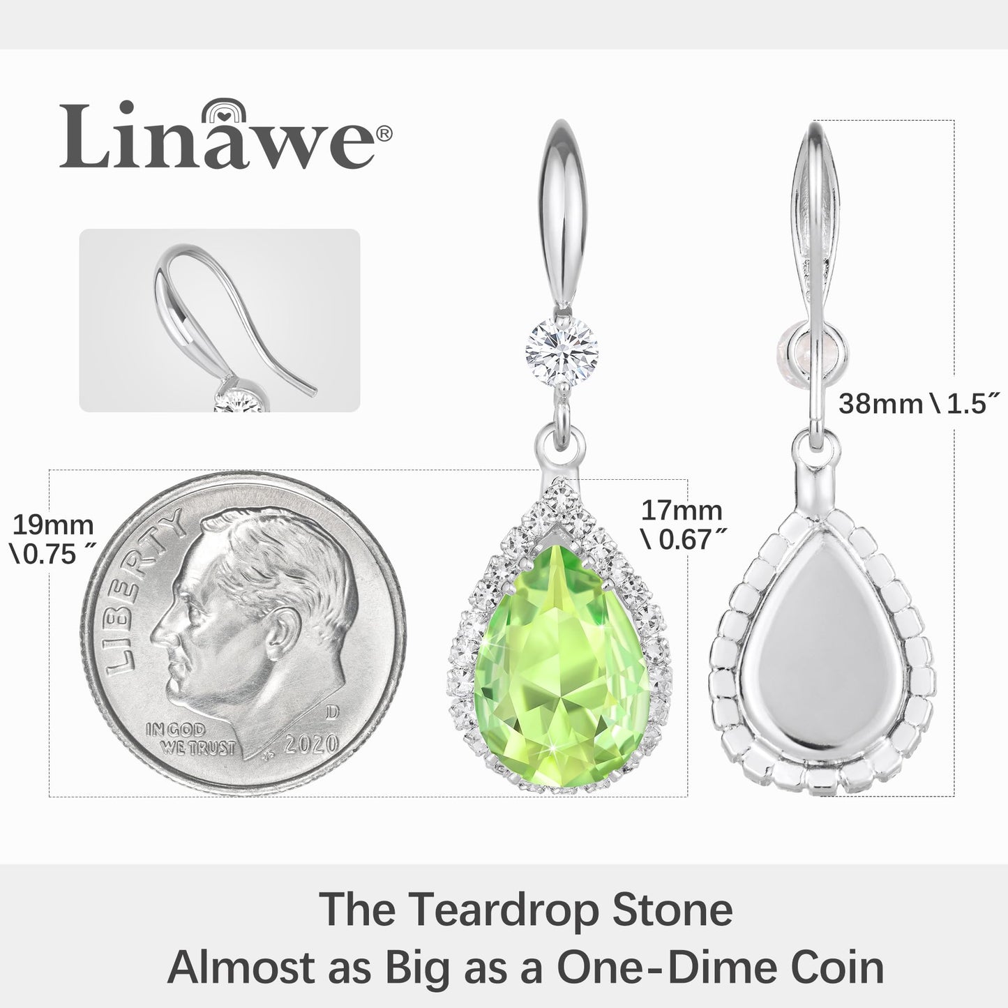 Linawe Green Peridot Silver Dangle Earrings for Women Trendy, Imitation Diamond Rhinestone Teardrop Cubic Zirconia Crystal Drop Dangle Earrings Dangling, Wedding Chandelier Jewelry
