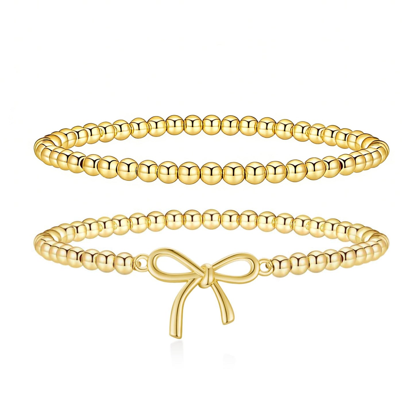 Jsuospmy Gold Beaded Bracelets for Women 14K Gold Bow Bracelet Handmade Stackable Bracelets for Women Trendy Non Tarnish Bracelet Jewelry Gift for Womens 2Pcs (02.Bow+Beaded (Gold))