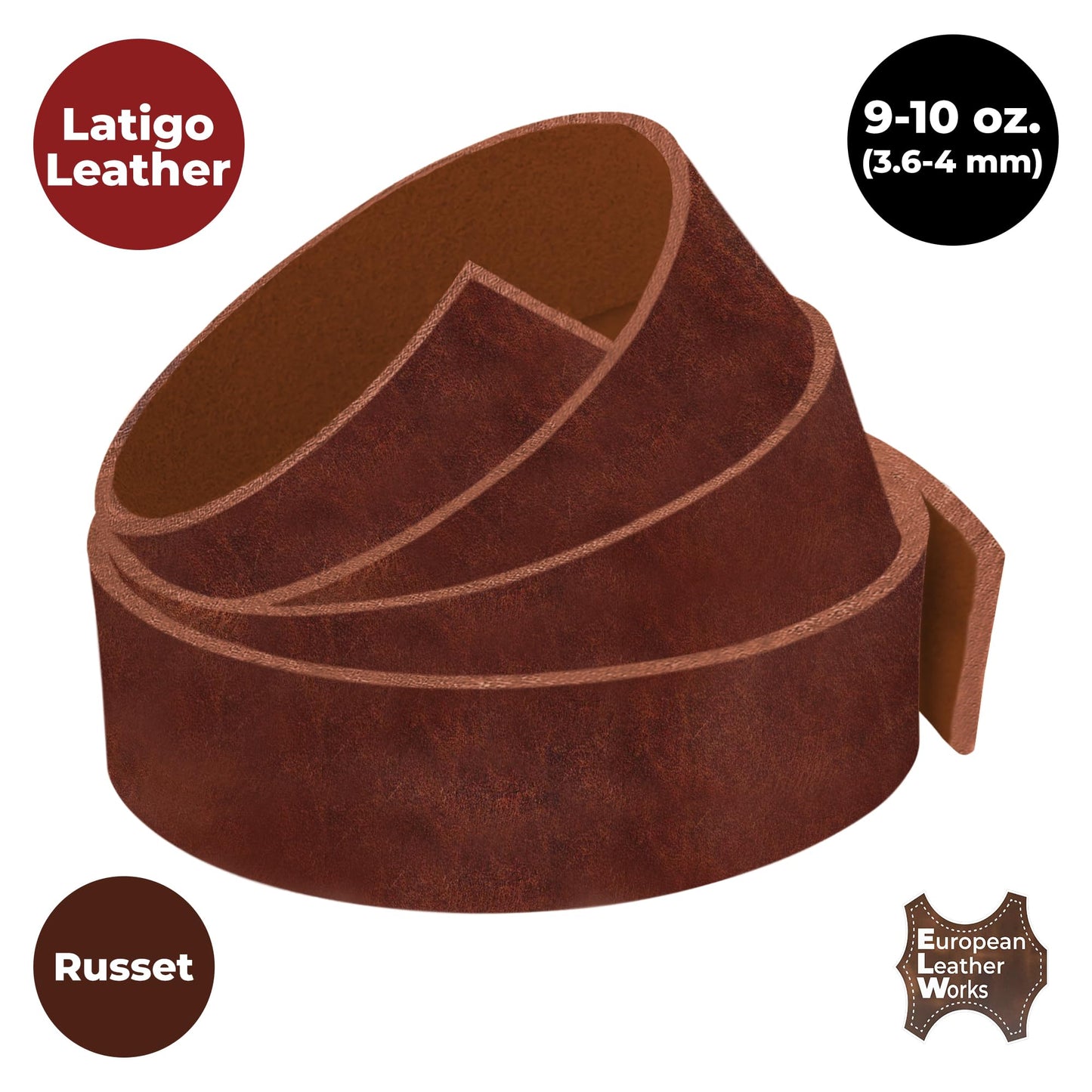 ELW 9-10 oz (3.6-4mm) Latigo Leather Belt Grade Straps & Strips | Size: 1.25"x84" (3.2x213cm) | Russet | Full Grain Cowhide, Heavy Duty Holsters, Sheathes, Harness, Saddle, Guitar Straps, DIY Crafts
