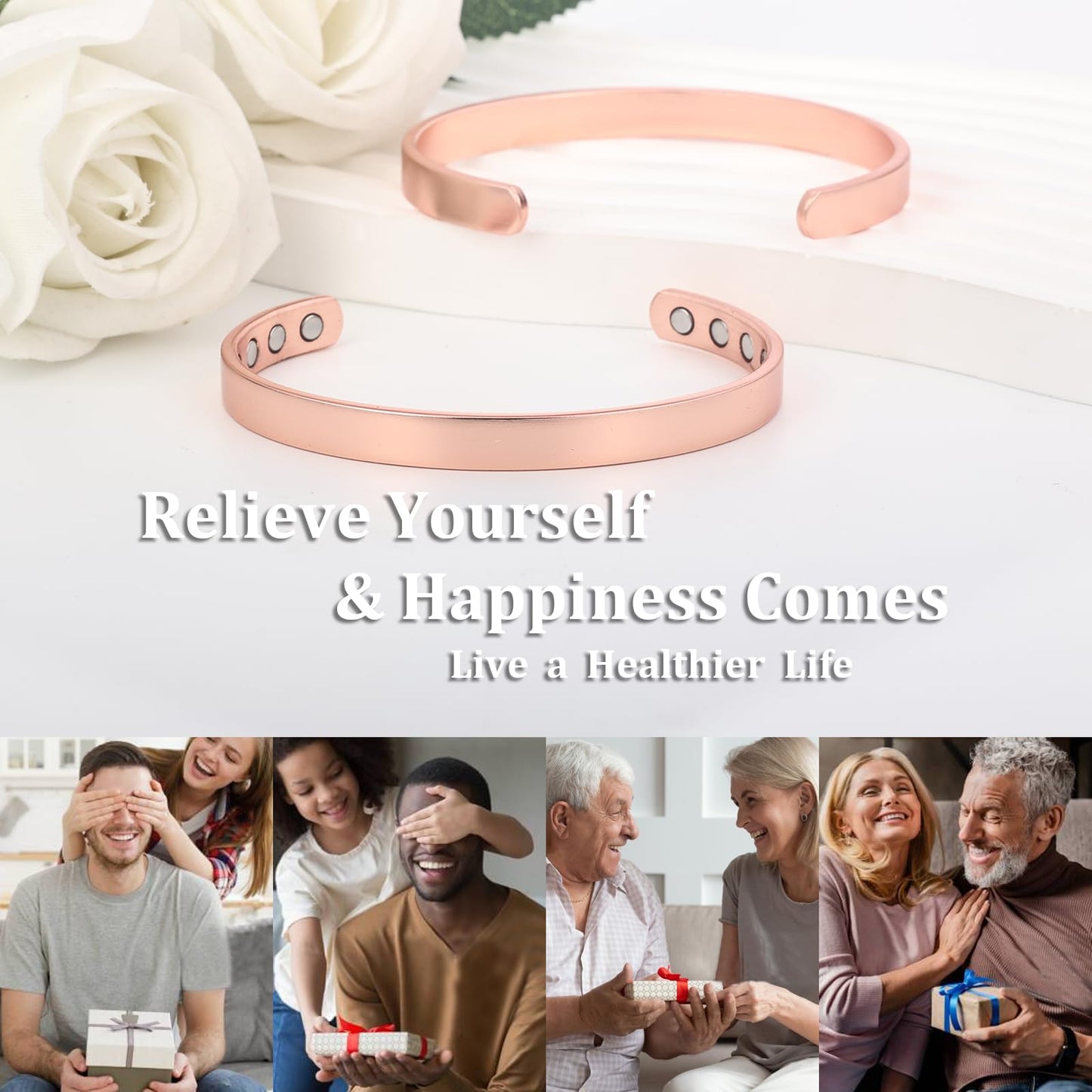 MagEnergy Copper Bracelet for Men and Women, 99.9% Pure Copper Magnetic Bangle with 8pcs 3500 Gauss Magnets, Adjustable Jewelry Gift (Rose Gold / 6.8 Inches)