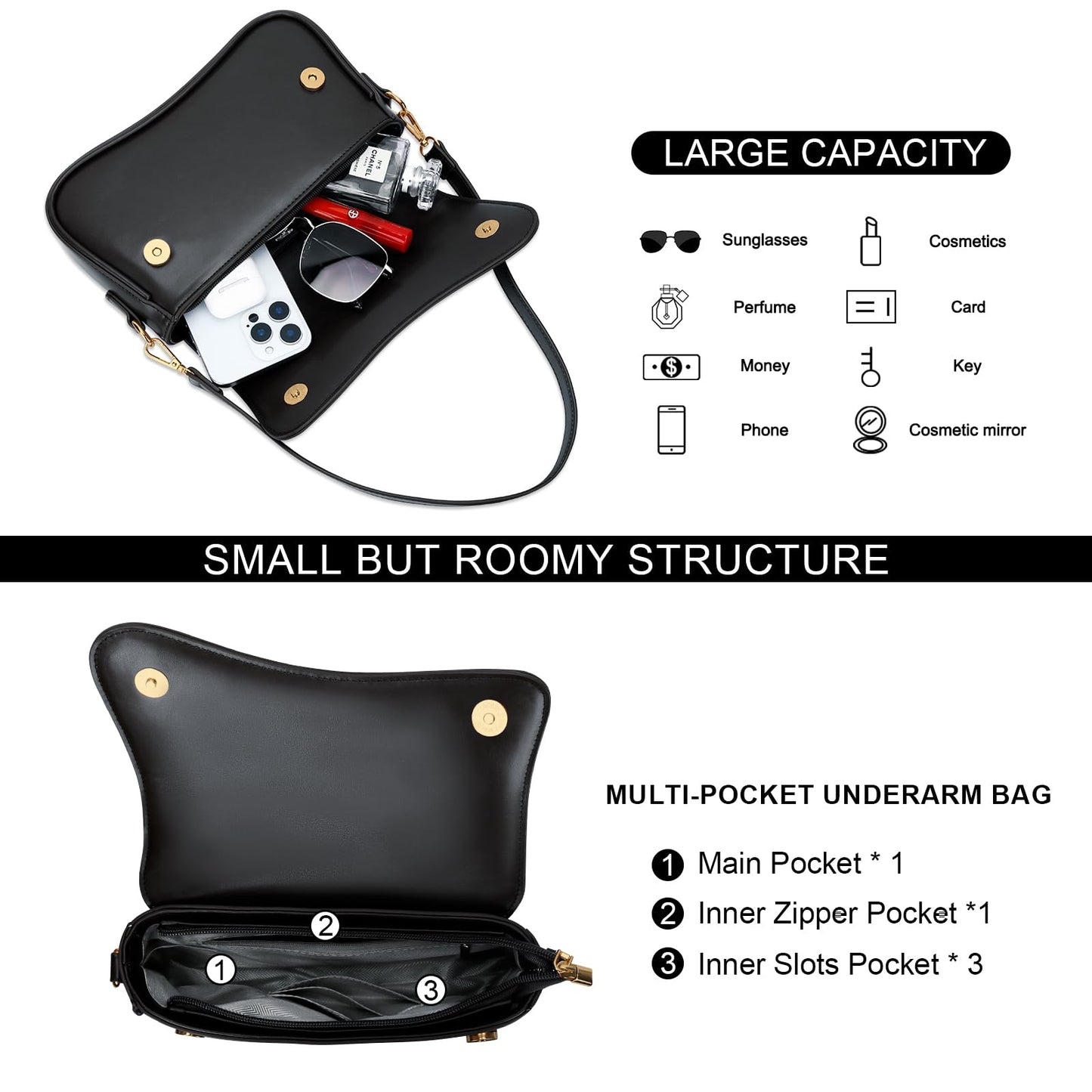 KKXIU Shoulder Bag for Women Small Clutch Purses Cute Hobo Handbag Trendy Underarm Bag-Black