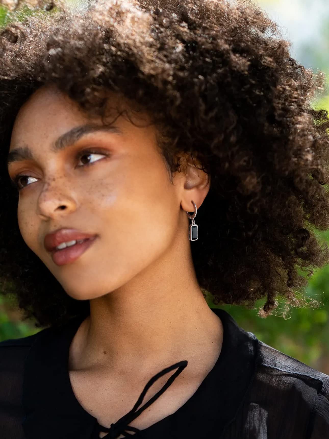 Bestyle Dainty Black Onxy Drop Earrings for Women - Rectangular Birthstone Dangle Earring with Hypoallergenic Silver Huggie Hoops - Trendy Black Baguette Dangle Hoop Earrings