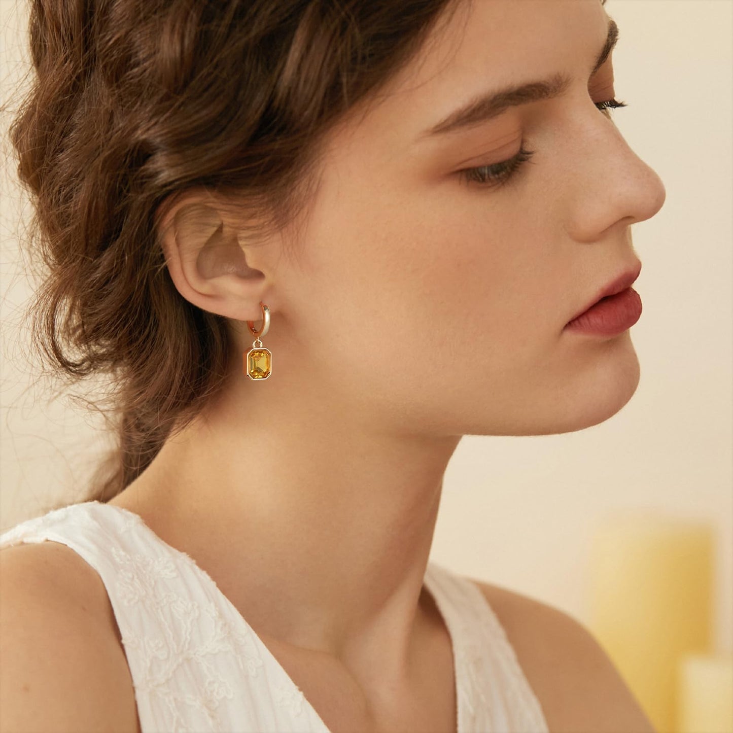 Birthstone Crystal Dangle Drop Earrings, 18K Gold Plated Huggie Hoop Hypoallergenic Earring Jewelry Gifts for Women (Yellow)
