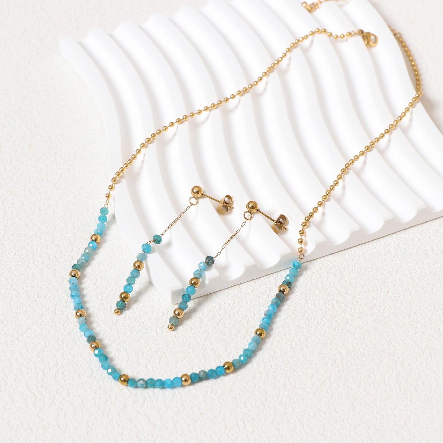 TaYolnFaSo Round Apatite Beads Jewelry Set for Women 18K Gold Plated Blue Apatite Necklace and Earrings Set Gift for Wife