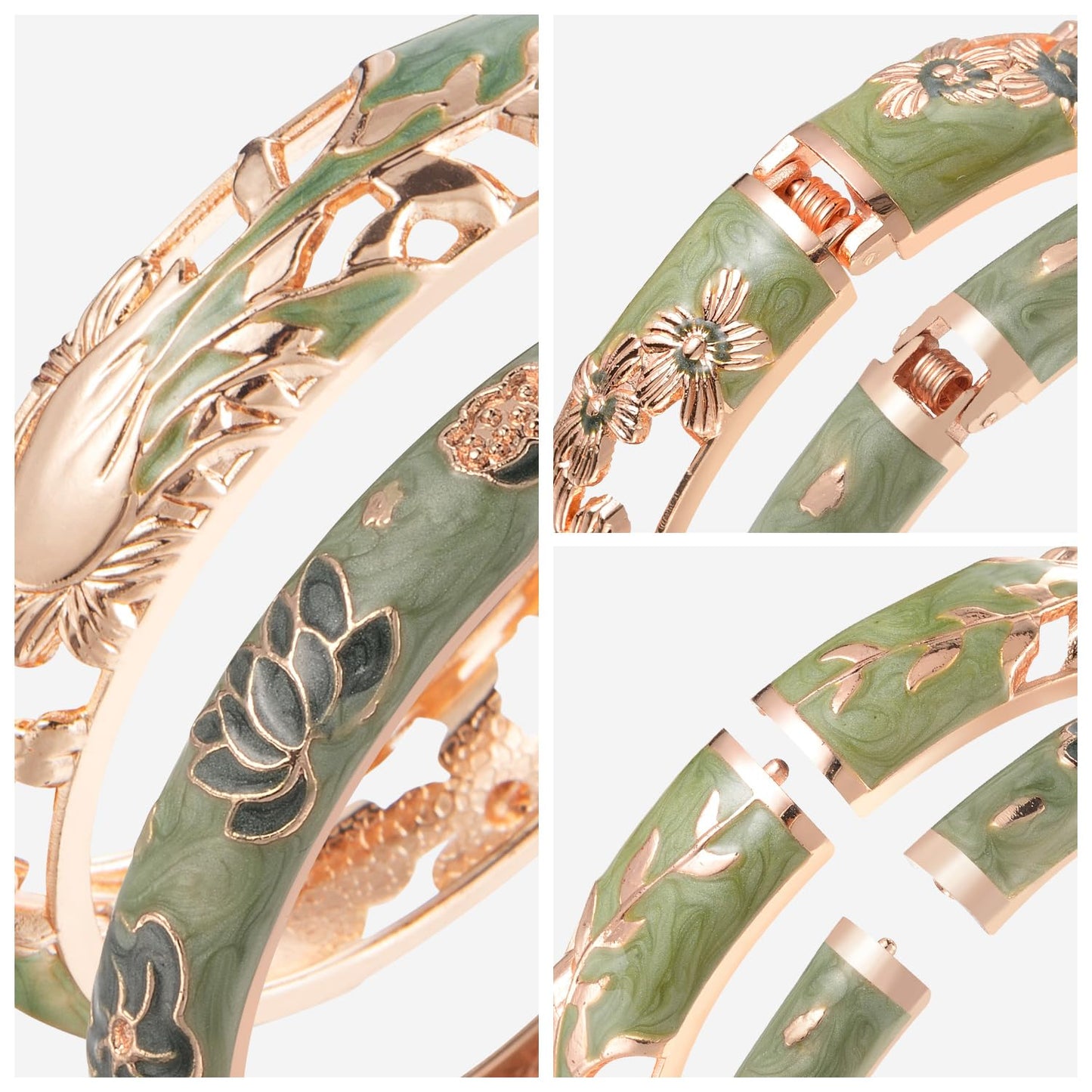 UJOY Vintage Jewelry Cloisonne Handcrafted Enameled Gorgeous Rhinestone Gold Hinged Cuff Bracelet Bangles Gifts 88A31-55A35 Green
