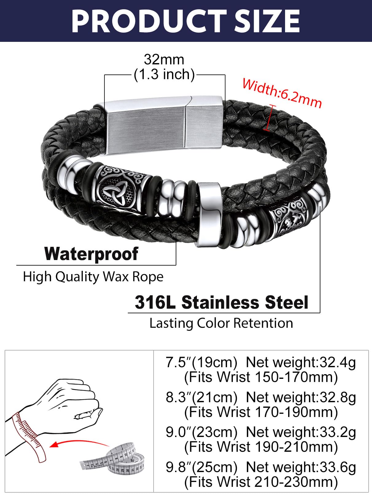 Bandmax Mens Black Cuff Bracelets 9.8 Inch Large Size Double Row Leather Wristband for Big Wrist Viking Celtic Knot Bead Bracelet Gift for Son Husband Father Grandfather