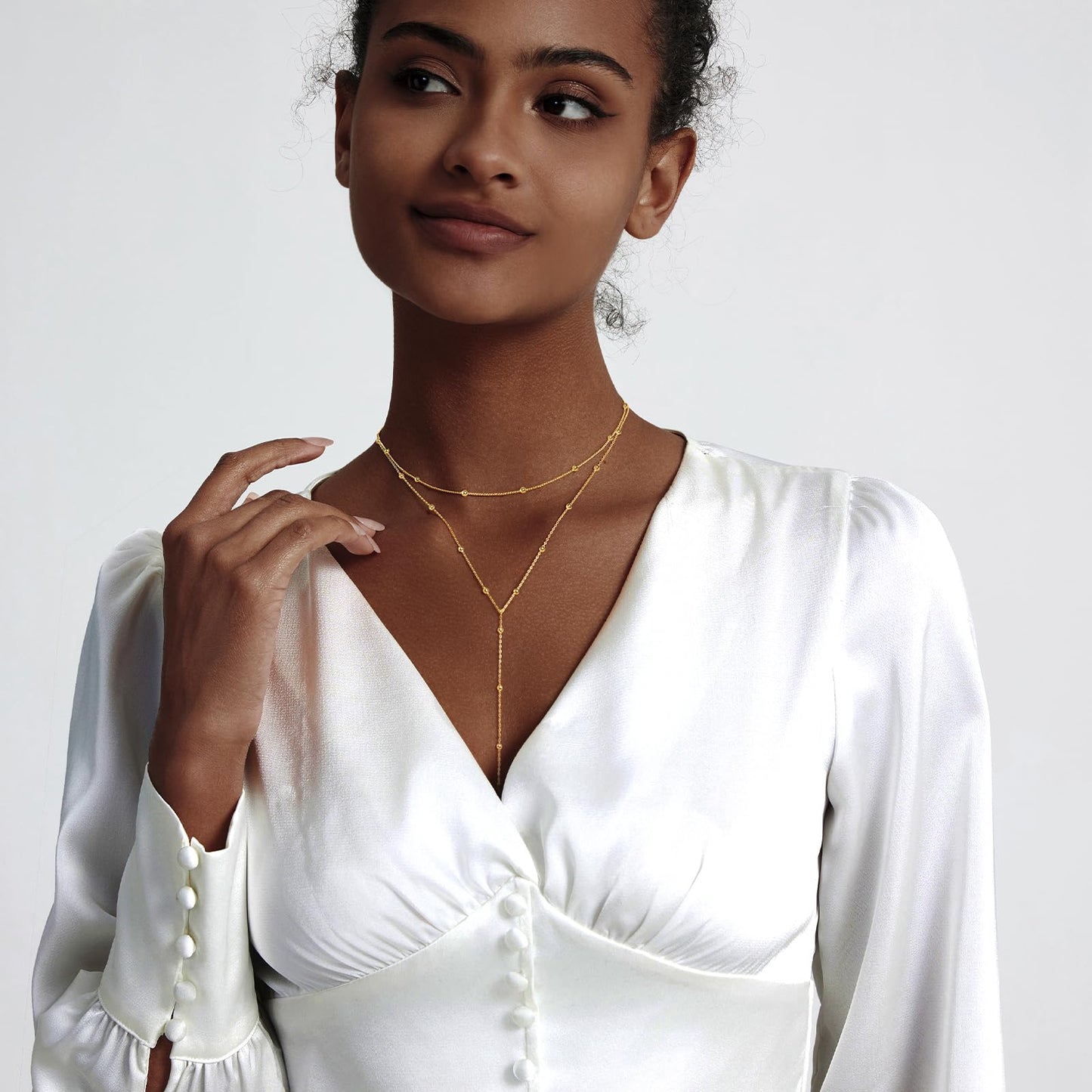 Zeffy Dainty Long Gold Necklaces for Women Trendy Lariat Y Necklace 14k Gold Plated Layered Beaded Drop Necklaces Simple Y-Shaped Chain Jewelry Gift Wedding