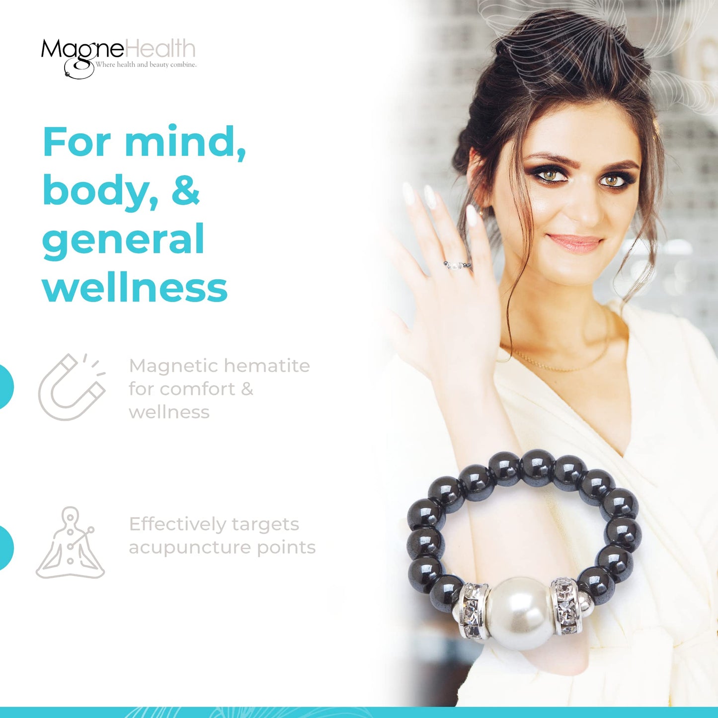 MAGNEHEALTH Black Magnetic Hematite Stretch Ring w/Large White Magnet Bead - Absorbs Negative Energy, Wellness and Balance Jewelry, Unisex Ring, Gift for Men and Women, Stretchable Comfort Fit, Large