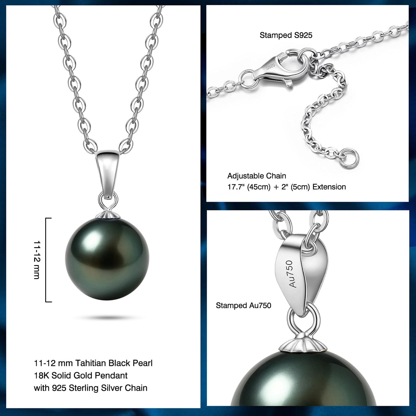 18K Solid White Gold Tahitian Black Pearl Necklace Pendant with Sterling Silver Chain, AAAAA 11-12mm Ocean-Grown Pearls - Christmas Gift for Wife Mom, Women Jewelry for Wedding Anniversary Birthday