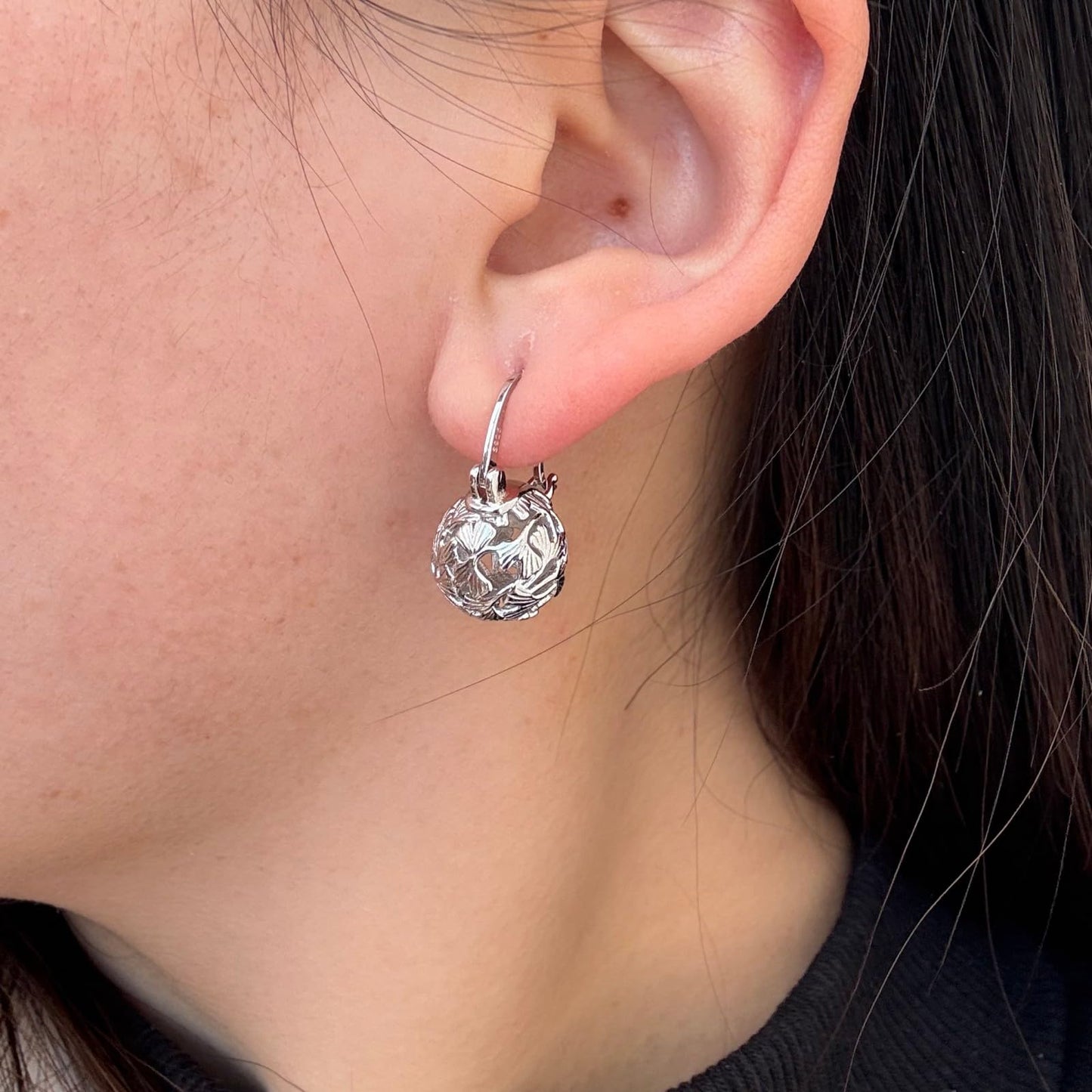 OwMell Elegant 925 Sterling Silver Pearl Drop Earrings Dangle Stud Silver Plated Earrings for Women Large Size 12mm - Hollowed Ginkgo Silver