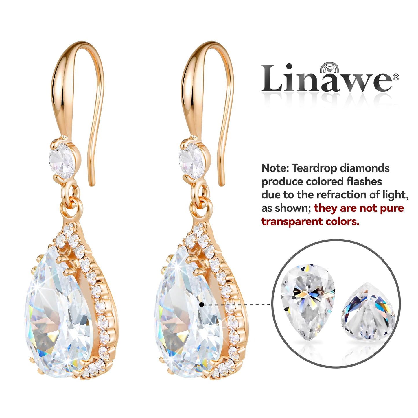 Linawe Wedding Earrings Rose Gold, Imitation Diamond Dangle Rhinestone Drop Earrings for Women Trendy, Cubic Zirconia Chandelier Earrings Crystal Teardrop Jewelry Set