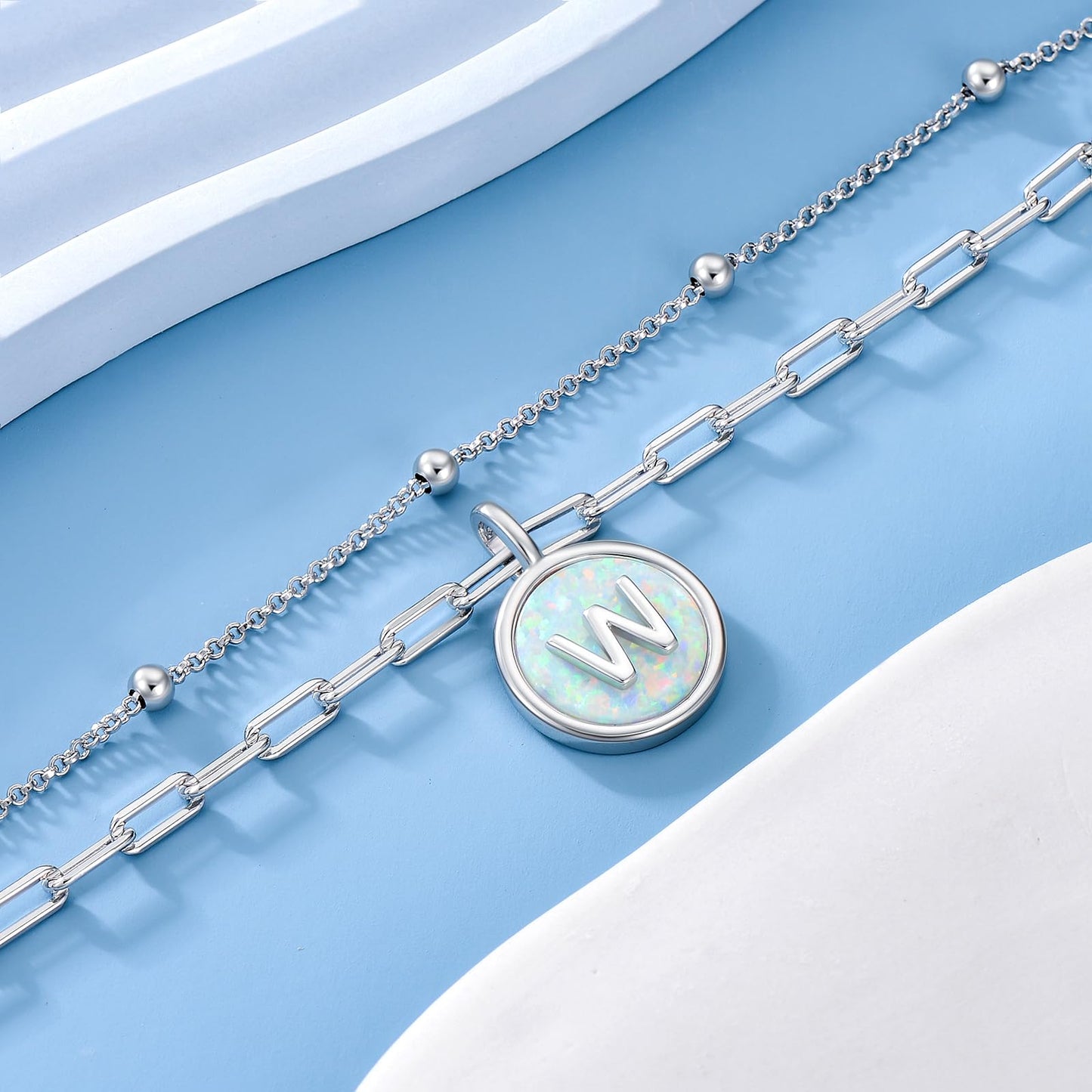 LWQQWL Initial W Bracelet for Women 925 Sterling Silver Layered Initial Bracelet Opal Letter 26 Alphabet Jewelry Christmas Gifts