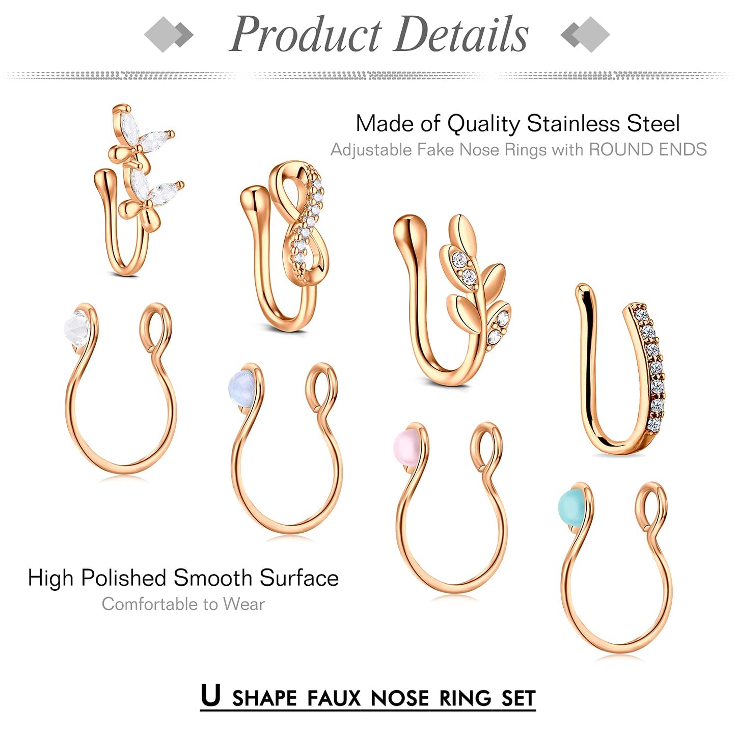 JFORYOU Nose Rings Fake 8Pcs Stainless Steel Inlaid CZ Faux Piercing Jewelry Fake Nose Ring Clip on Circle Hoop No Pierced Nose Ring Jewelry for Women Men