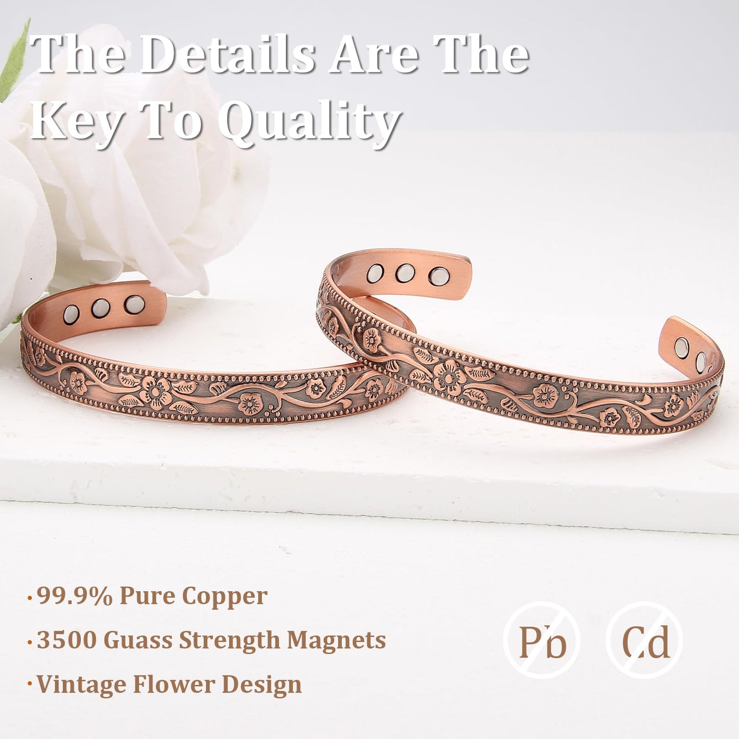 MagEnergy Copper Bracelets and Lymphatic Drainage Rings for Women, 99.9% Pure Copper Vintage Flower Magnetic Bangle with 3500 Gauss Magnets,Adjustable Cuff Jewelry Box