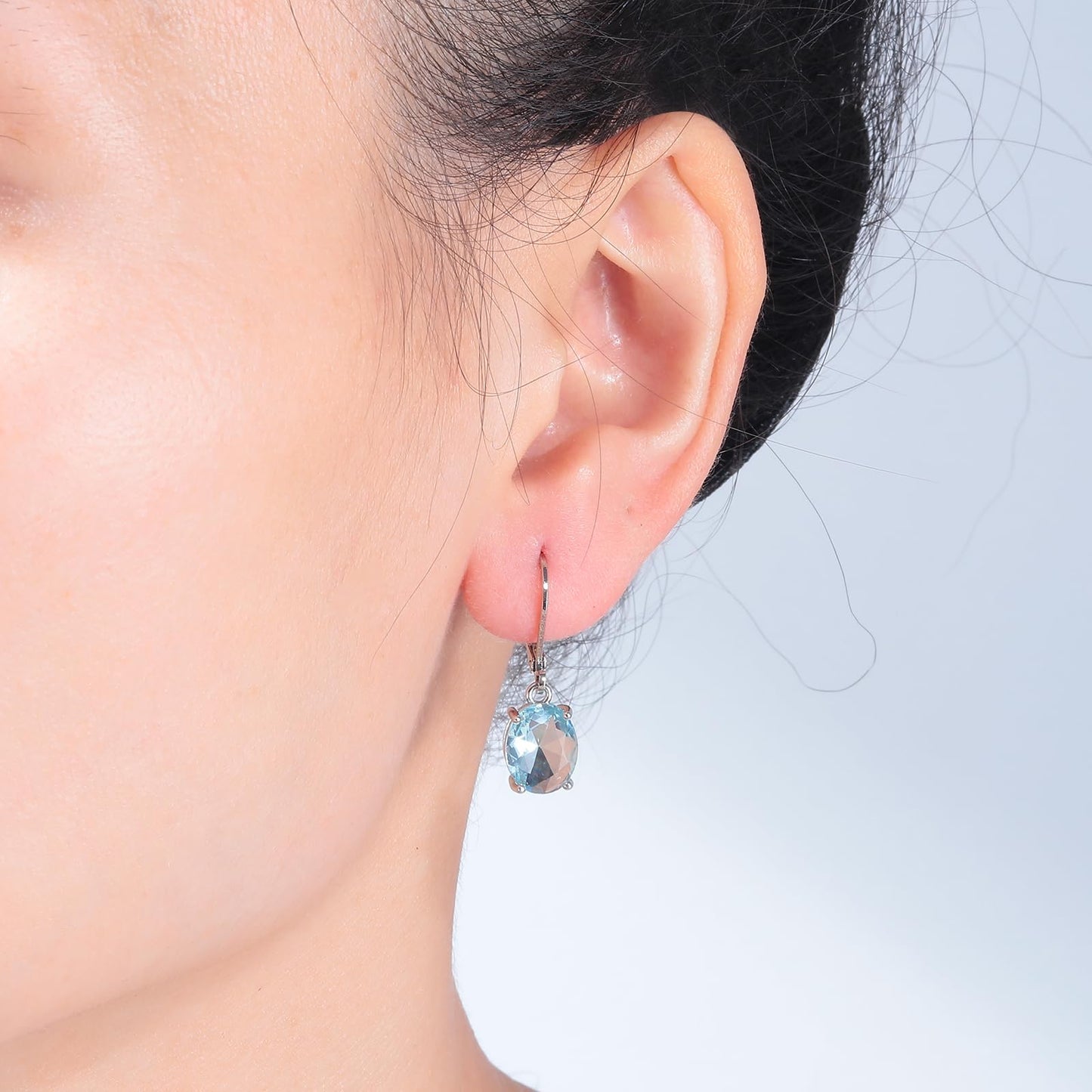 CiNily Cut-Oval Leverback Dangle Earrings for Women Light Blue Cubic Zircon 14k White Gold Plated Hypoallergenic Hanging Earrings Lightweight Summer Drop Earrings