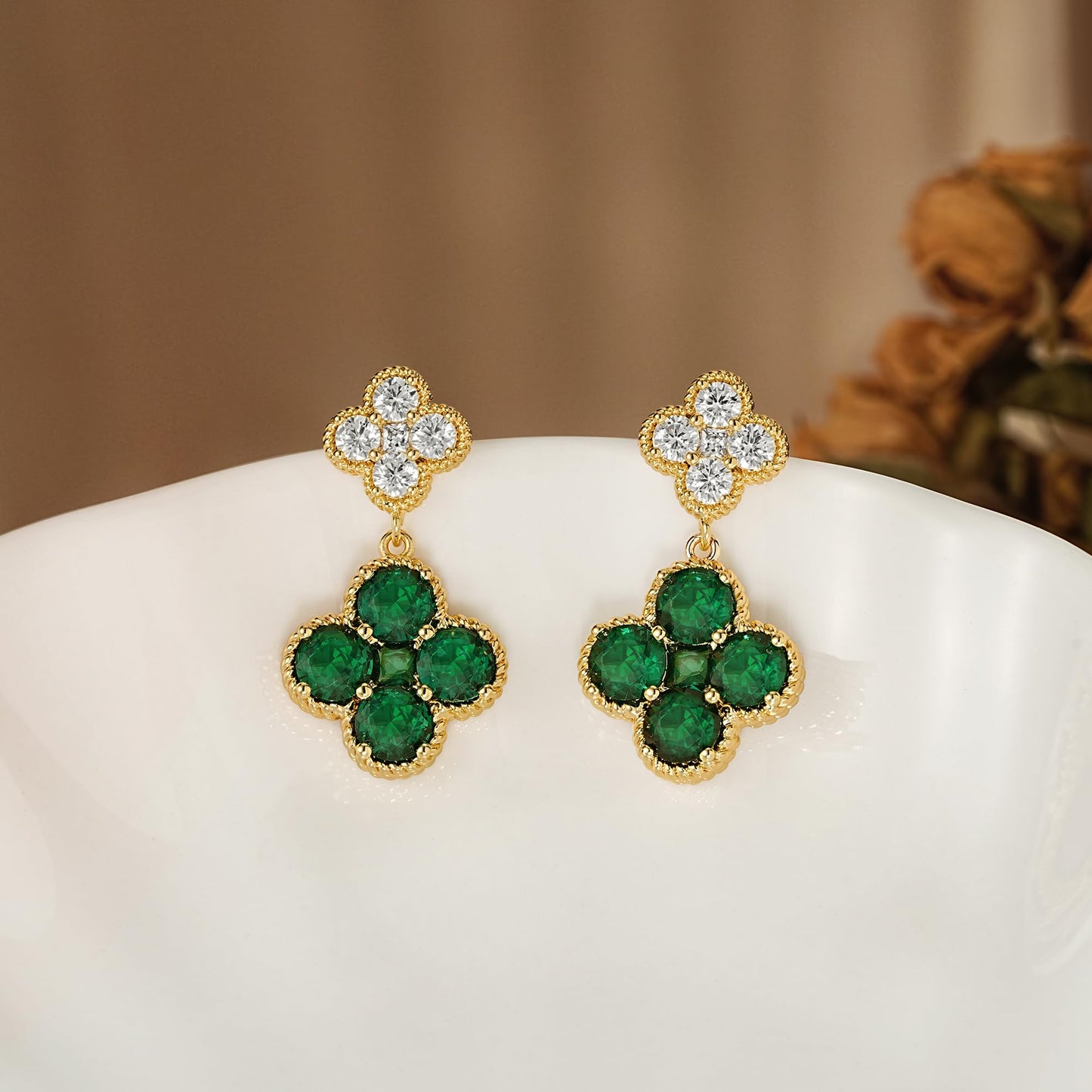 MTMY Dangle Earrings for Women 14K Gold Plated Four Leaf Clover Dangling Drop Birthstone Stud Earrings Trendy Flower Birthstone Jewelry Birthday Gifts(May)