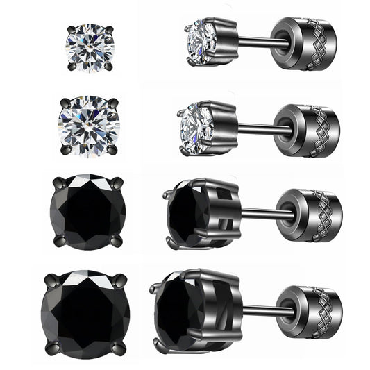 Hopply 4 Pairs Titanium Screw Back Surgical Stainless Steel Earrings for Women Men,Rainbow 5A Cubic Zirconia Studs Double Side Earrings Piercing Sleeper Jewelry 6mm (Silver/Black CZ 3-6mm)
