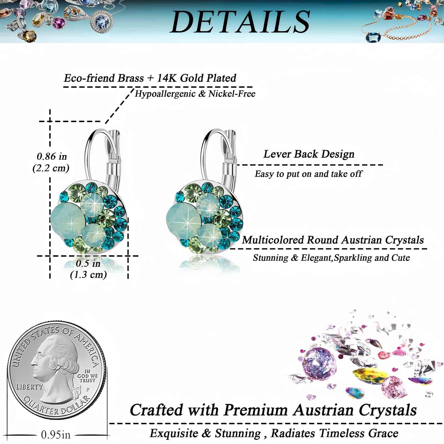 Multicolored Austrian Crystal Drop Earrings for Women 14K Gold Plated Hypoallergenic Leverback Dangle Earrings (Green Main Crystal/Silver-tone)