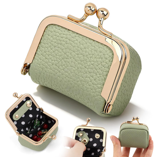 FuGuiHui Mini Jewelry Travel Case, Portable Vintage-inspired Small Travel Jewelry Case with Kiss Lock, Leather Mini Coin Purse for Women for Earrings, Rings, Necklace, Bracelet, Coin (COLOR:Green)