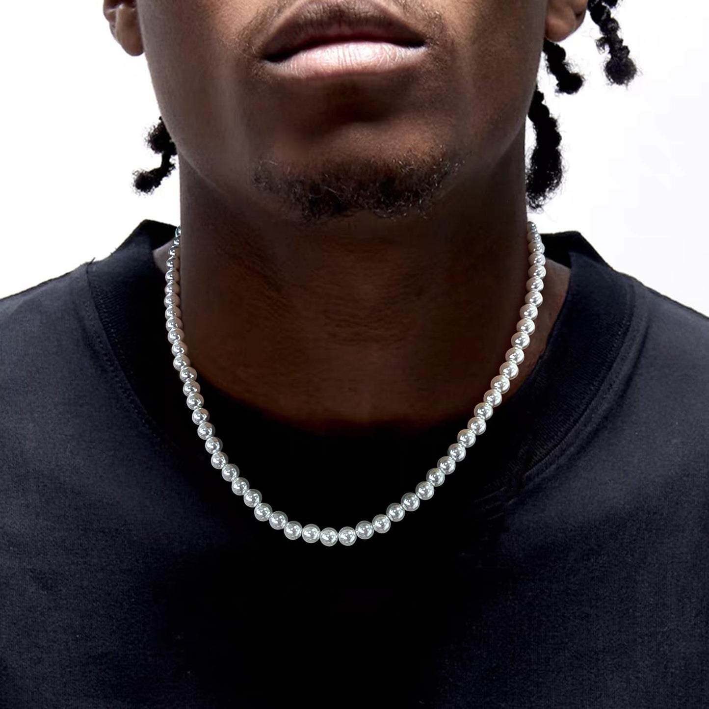 Zeffy Pearl Necklace for Men, 6mm White Beaded Necklace Faux Pearl Choker Necklace Trendy Jewelry Gifts for Men Women