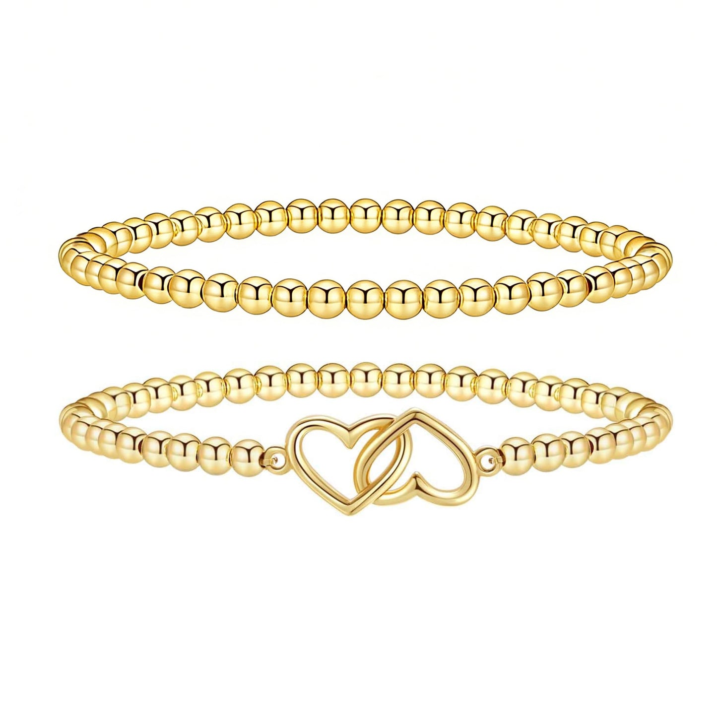 Jsuospmy Gold Beaded Bracelets for Women 14K Gold Double-heart Bracelet Handmade Stackable Bracelets for Women Trendy Non Tarnish Bracelet Jewelry Gift for Womens 2Pcs (03.Double-heart+Beaded (Gold))